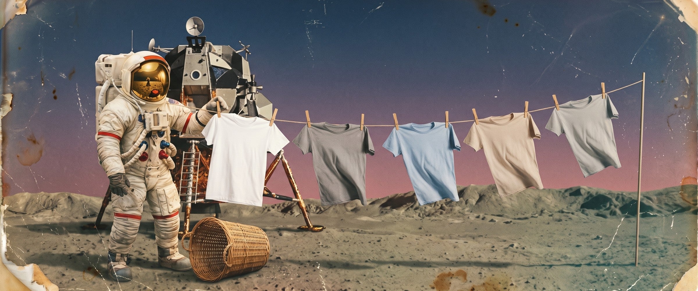 Retro space illustration of an astronaut hanging T-shirts on the moon
